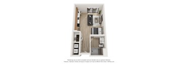 A 3D floor plan of a small apartment with a kitchen, living room, and bathroom.