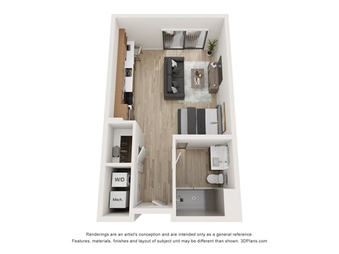 A 3D floor plan of a small apartment with a kitchen, living room, and bathroom.