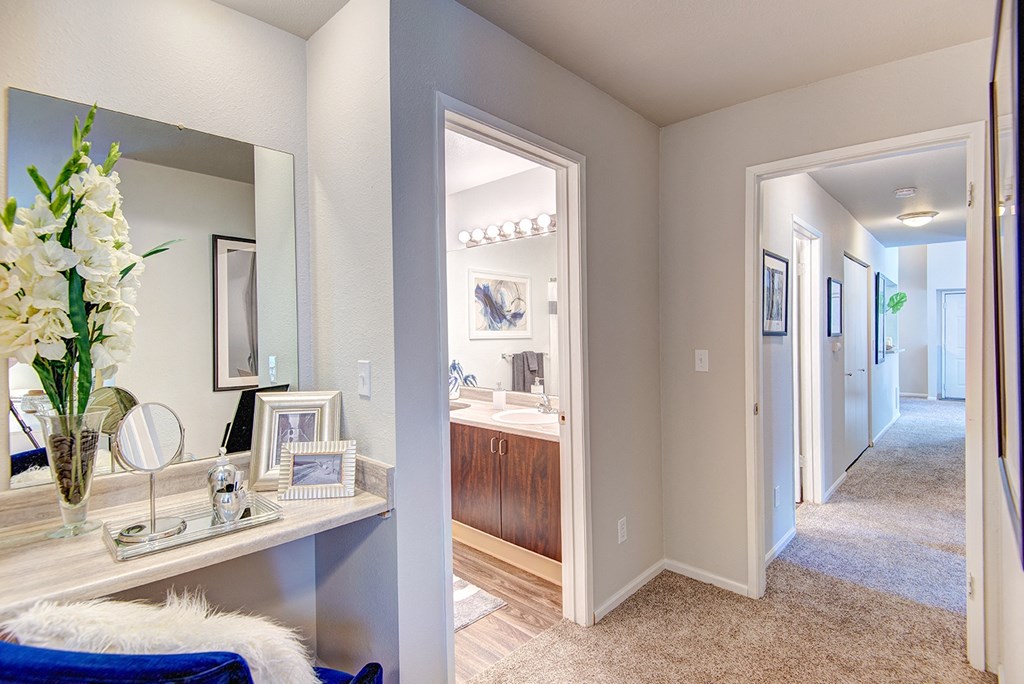 Kent Apartments- Signature Pointe Apartments- vanity hallway bedroom