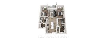 A 3D floor plan of a house with a kitchen, living room, and two bedrooms.