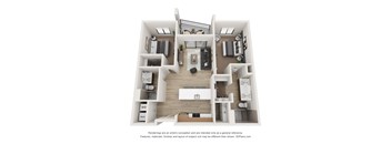 A 3D floor plan of a house layout.