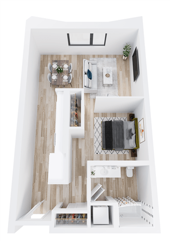 A white kitchen with a wooden floor and white walls.