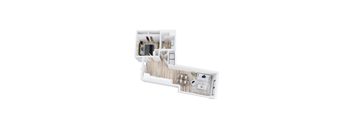 A white model of a house with a kitchen and living room.