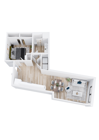 A white model of a house with a kitchen and living room.