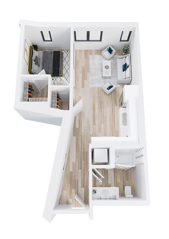 A white model of a house with a kitchen, living room, and bathroom.