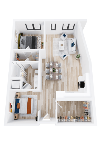 A white model of a house with furniture and decorations.