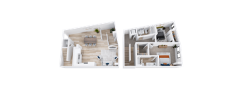 Two images of a house layout with a living room, kitchen, and bedrooms.