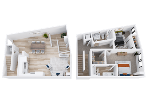 Two images of a house layout with a living room, kitchen, and bedrooms.