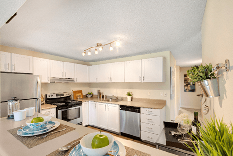 A modern kitchen with white cabinets and stainless steel appliances.