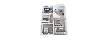 A top-down view of a small apartment with a living room, kitchen, and bedroom.