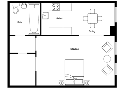 a floor plan of a living room with a bedroom and a bathroom