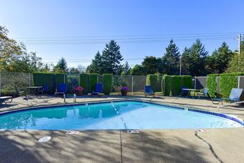 A pool surrounded by trees and chairs. at The Verandas, Tacoma, WA