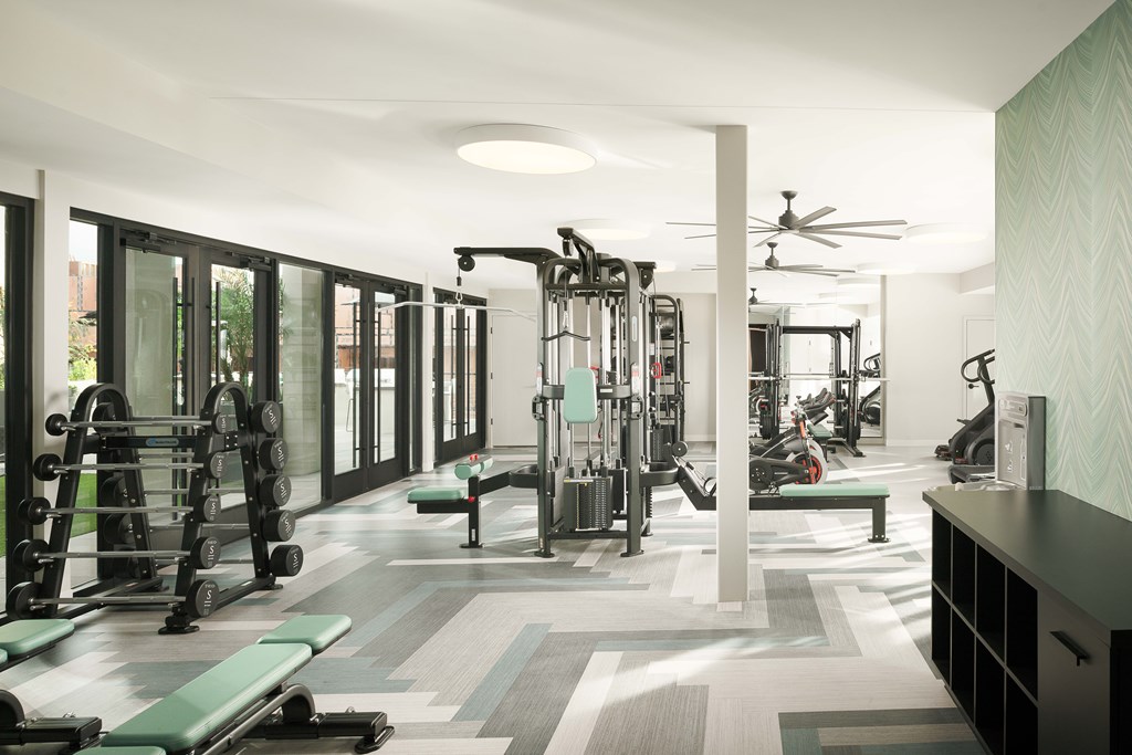 A gym with a variety of equipment including weights and cardio machines.