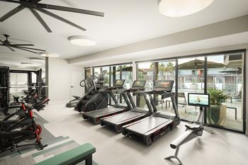 A gym with treadmills, exercise bikes, and a fan.