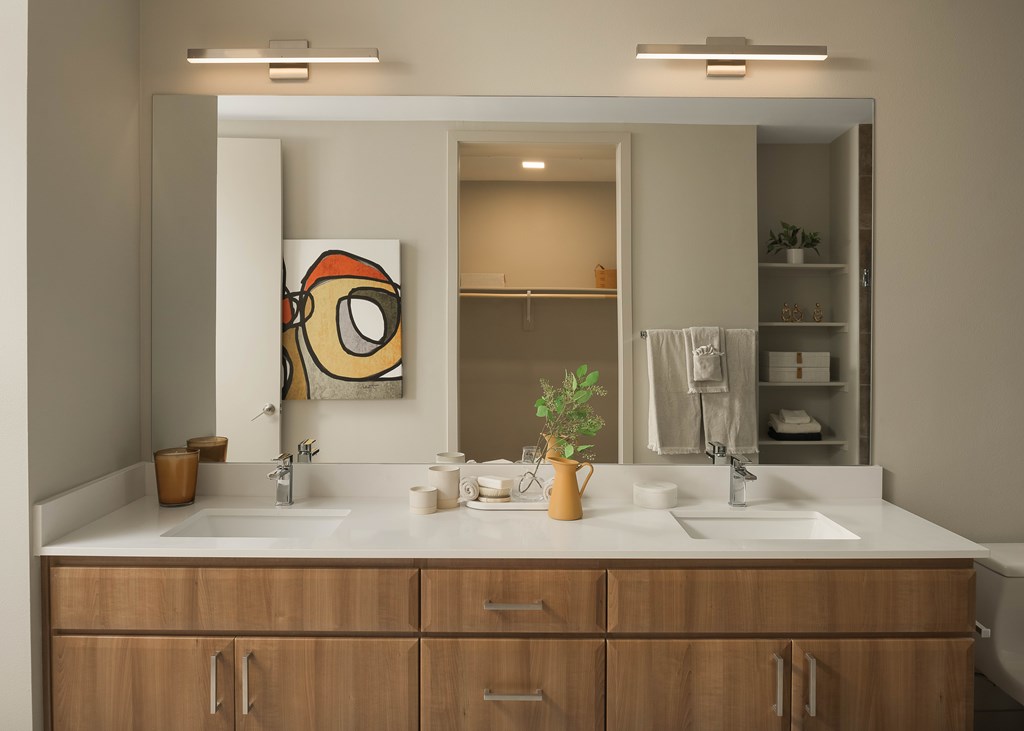 A bathroom with a large mirror and a sink with a plant on it.