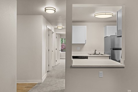 A white kitchen with a sink and a mirror.