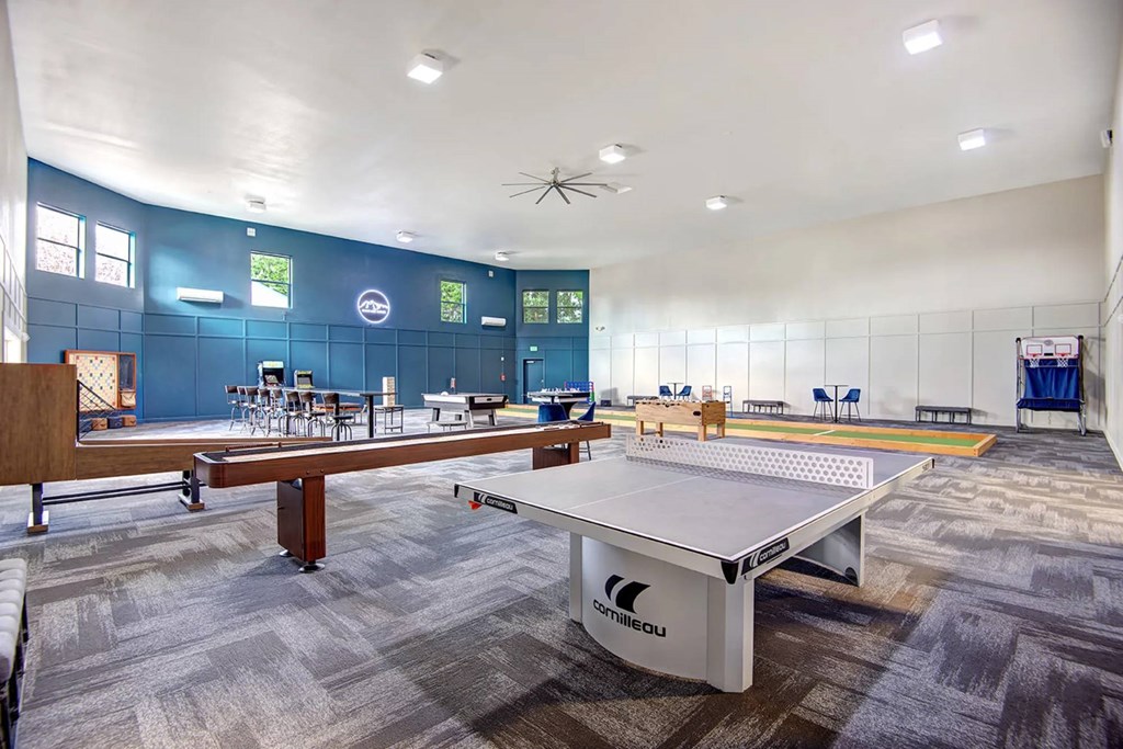 A ping pong table is in the middle of a room with a blue wall.