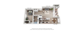 A floor plan of a two-bedroom apartment with a living room, kitchen, and bathroom.