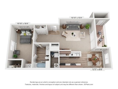A floor plan of a two-bedroom apartment with a living room, kitchen, and bathroom.