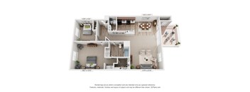 A 3D floor plan of a house with a living room, kitchen, and two bedrooms.
