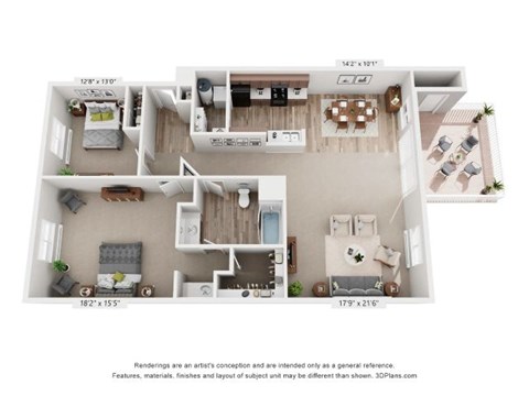 A 3D floor plan of a house with a living room, kitchen, and two bedrooms.