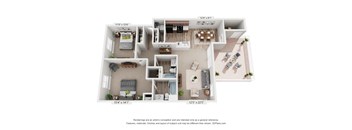 A 3D floor plan of a house with a living room, kitchen, dining room, and two bedrooms.