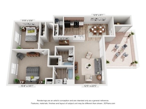 A 3D floor plan of a house with a living room, kitchen, dining room, and two bedrooms.