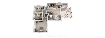A 3D floor plan of a house layout.