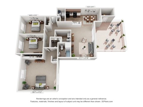 A 3D floor plan of a house layout.