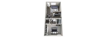 A top-down view of a small apartment with a bedroom, living room, and kitchen.