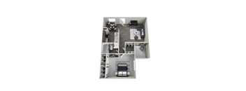 A top-down view of a small apartment with a kitchen, living room, and bedroom.