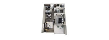 A top down view of a small apartment with a kitchen, living room, and bathroom.
