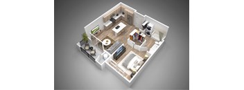 A 3D rendered image of a modern apartment layout.