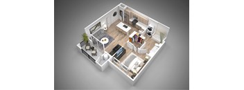 A 3D rendered image of a modern, minimalist apartment layout.