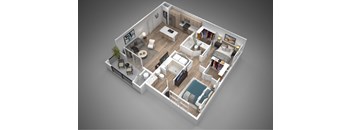 A 3D rendered image of a modern, well-furnished apartment.