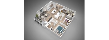 A 3D floor plan of a house with a kitchen, living room, dining room, and bedrooms.