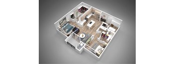 A 3D floor plan of a house with a living room, kitchen, dining room, and bedrooms.