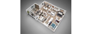 A 3D rendered image of a modern, well-furnished apartment.