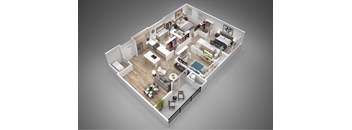 A 3D rendered image of a small apartment layout.