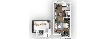 A floor plan of an apartment with a living room, kitchen, and bedroom.