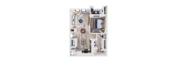 A top down view of a small apartment with a kitchen, living room, and bedroom.