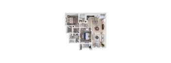 A white and wood floor plan of a house with a kitchen, living room, and bathroom.