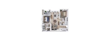 A top-down view of a small apartment with a kitchen, living room, and bathroom.