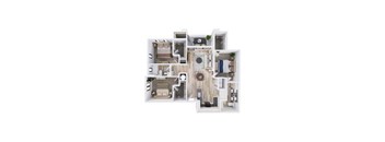 A floor plan of a house with a living room, kitchen, and two bedrooms.