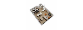A 3D floor plan of a small apartment with a kitchen, living room, and bedroom.