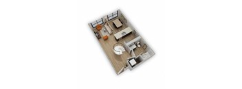 A top-down view of a modern apartment layout with a kitchen, living room, and bathroom.