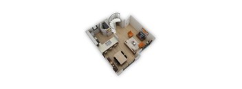 A top down view of a living room with a staircase.