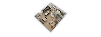 A 3D floor plan of a small apartment with a kitchen, living room, and bedroom.