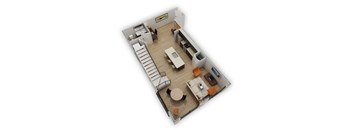 A 3D floor plan of a house with a living room, kitchen, and staircase.