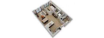 A 3D floor plan of a house with a kitchen, living room, and bedrooms.